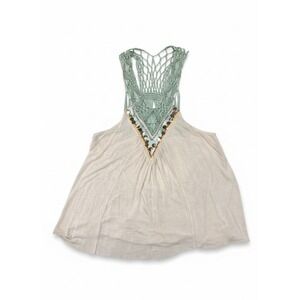 Free People Womens BOHO Macrame Sleeveless Top Size S(P) Ivory Sequins Green